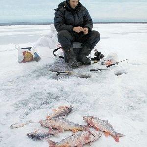 Мужчина ловит рыбу зимой